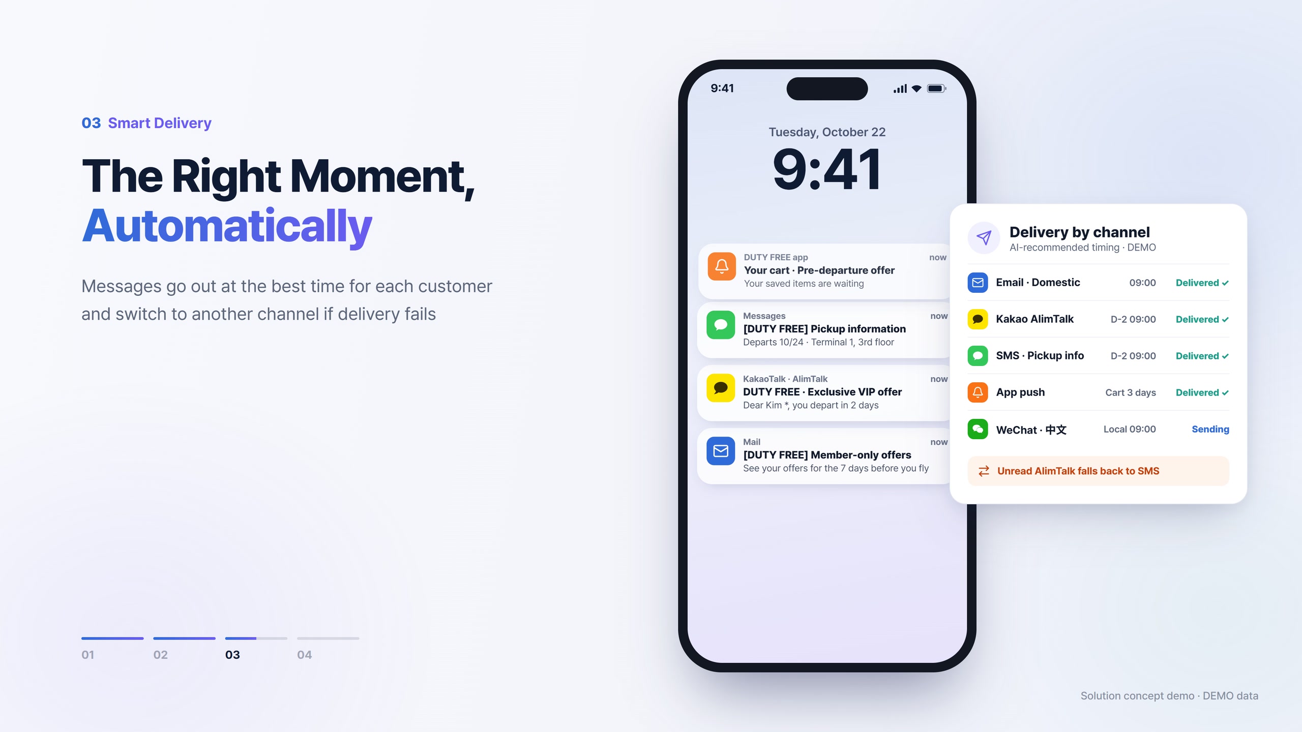 SOMP demo screen with mail, KakaoTalk AlimTalk, SMS, app push and WeChat notifications arriving on a phone lock screen